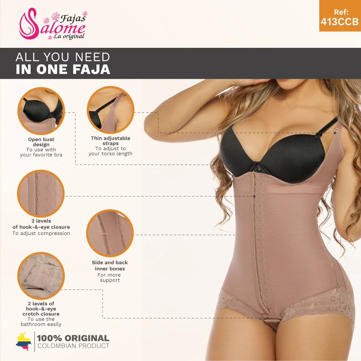 Salome 413-CCB | Faja Colombiana Tummy Control Girdle with Hooks Bodysuit | Powe
