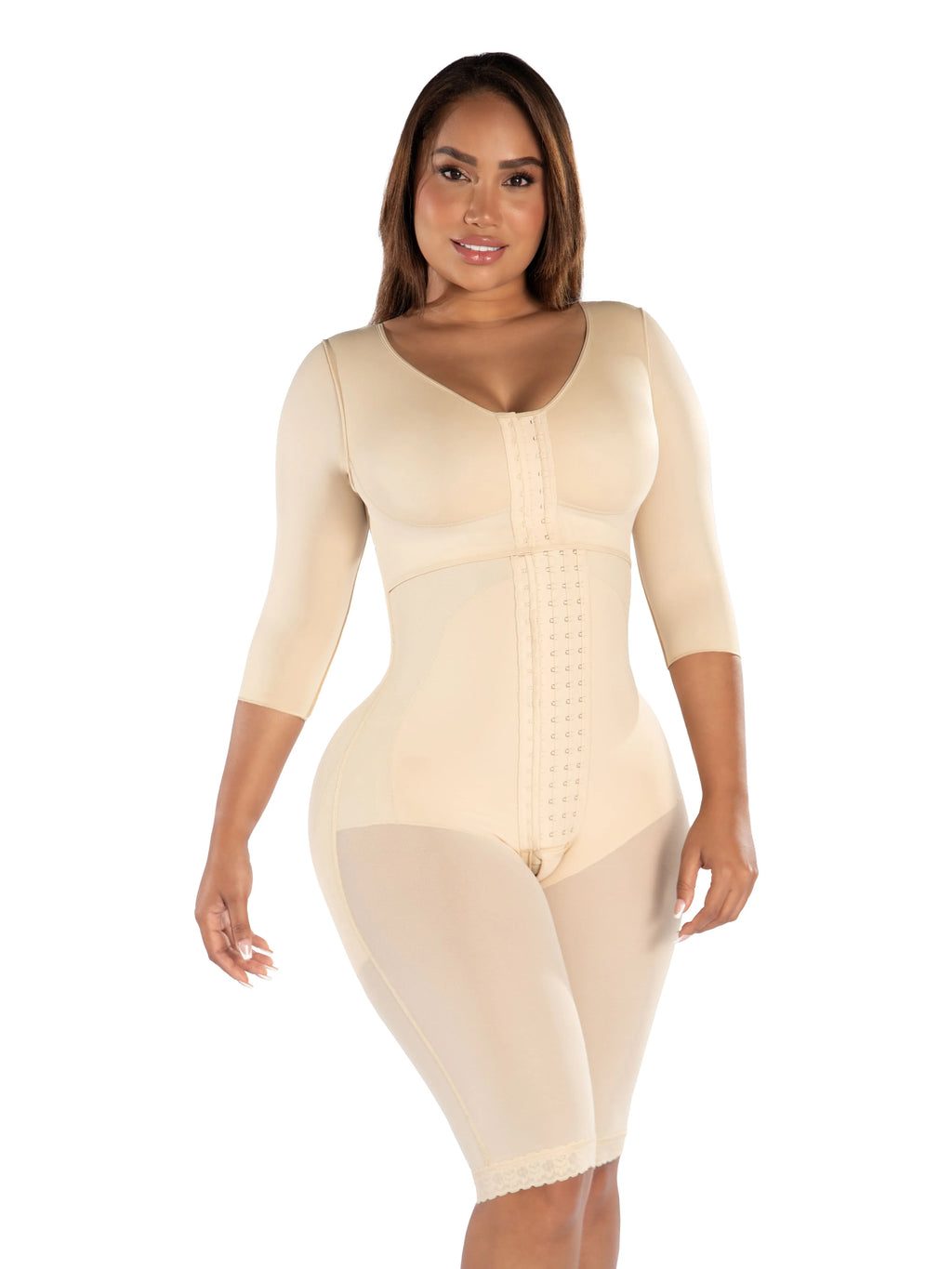 Fajas MyD F00471 Knee-Length Shapewear with Sleeves & Built-in Bra