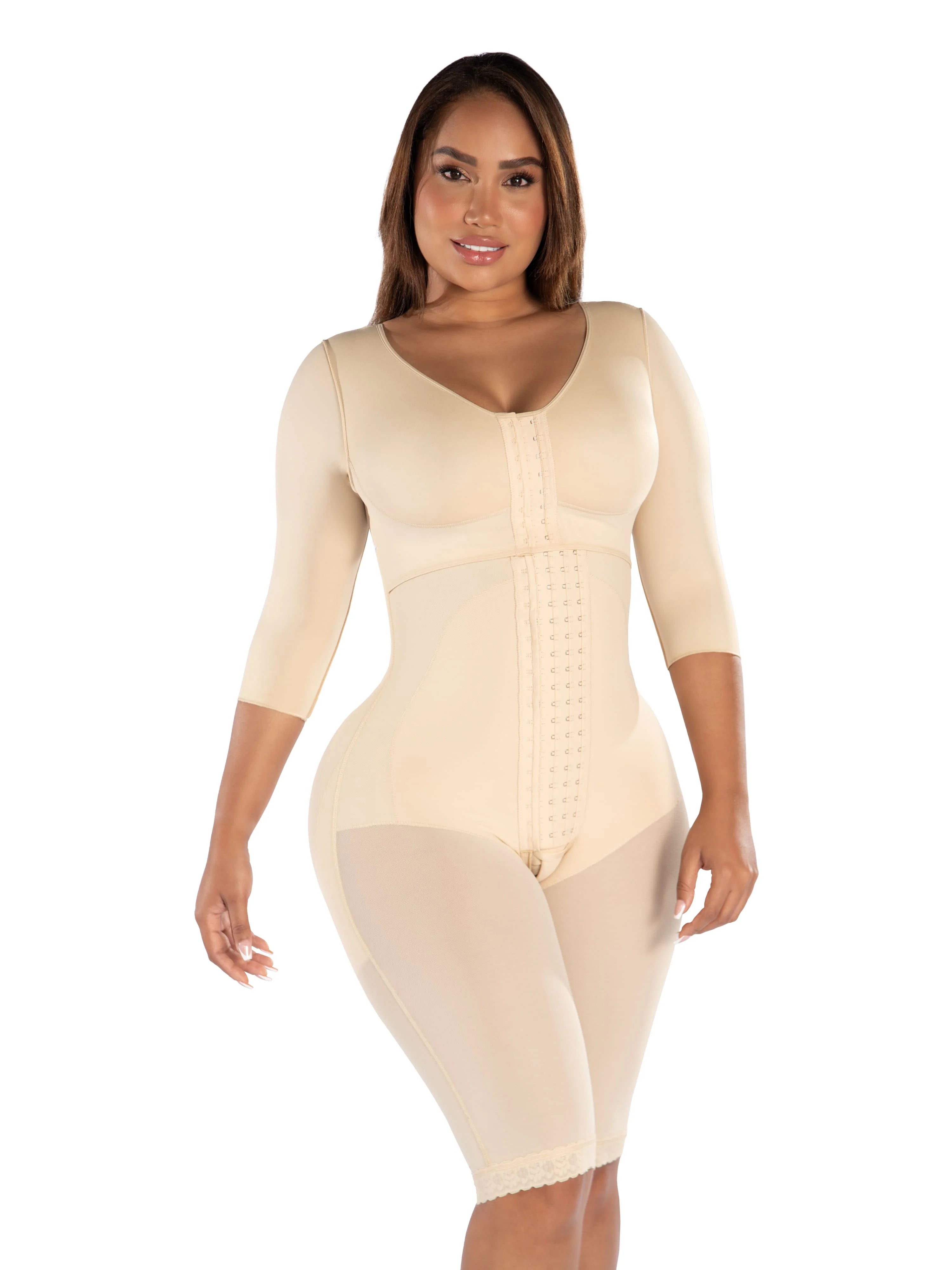 Fajas MyD F00471 Knee-Length Shapewear with Sleeves & Built-in Bra